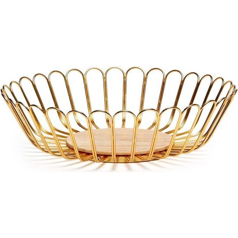 Frutero dorado, cesta grande de 30x9 cm con base de madera, metal, moderno (1/5)