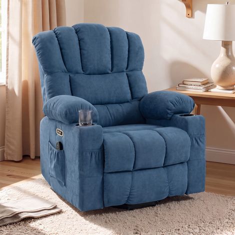 Fauteuil relax électrique inclinable avec assistance au relevage, massage par vibrations et chauffage, assise large, ports USB-C et USB-A, poches, bleu (1/5)