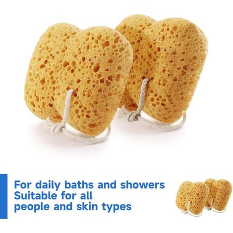 Set di 2 spugne da bagno per un'esfoliazione delicata, porose, assorbenti e resistenti, con un pratico anello per appenderle e farle asciugare facilmente. Adatte a diversi tipi di pelle. (1/5)