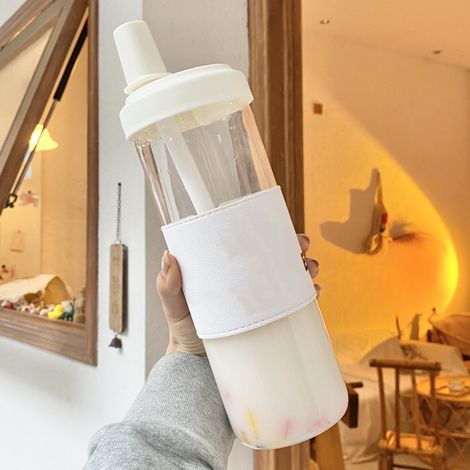 Neuer hochwertiger Plastikbecher, tragbarer Schülerbecher mit Strohhalm und Lederhülle, niedlicher und trendiger Sommerstil, N6 Lederhülle, 850 ml. (1/5)