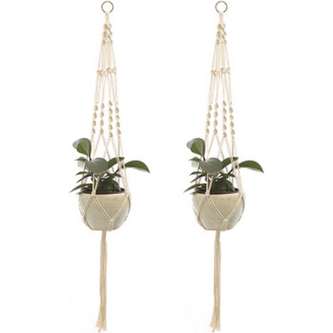 Lot de 2 suspensions pour plantes en macramé, pour intérieur et extérieur. Paniers suspendus en corde de coton, tricotés à la main. (1/4)
