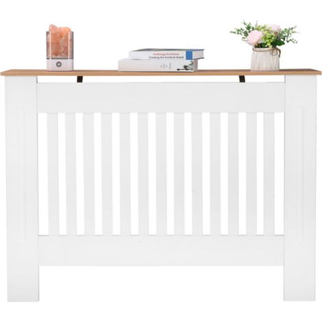 Cache-radiateur MDF blanc M – Panneau décoratif ventilé – Design traditionnel à rayures verticales – Dimensions 112 x 19 x 81,5 cm