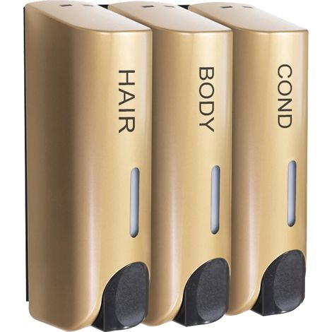 Distributeur de savon liquide (doré), distributeur de gel douche et lotion, support mural, contenant pour shampoing et gel douche, accessoire polyvalent pour salle de bain et toilettes (1/5)