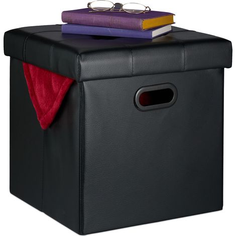 Relaxdays Hocker, Sitzhocker Stauraum, gepolstert, faltbar, HBT: 39x37x37 cm, Kunstleder, Sitzwürfel Wohnzimmer, schwarz (1/5)