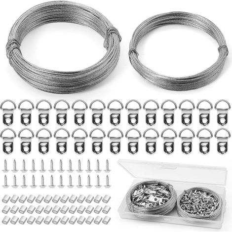 Kit di filo per appendere quadri, specchi e decorazioni murali da 40 m, resistente e completo di 60 anelli a D, 60 viti e 75 manicotti a crimpare. (1/5)