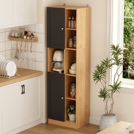 Colonne de cuisine d angle 50x35,5x170cm avec 6 étagères ouvertes et 2 portes pour salon et salle à manger en mdf style moderne - anthracite et chêne (1/5)