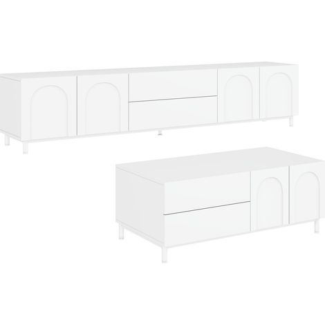 Ensemble meuble TV et table basse blanc avec portes cintrées, structure en panneaux PB et MDF, pieds en acier tubulaire (1/5)