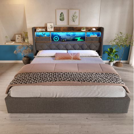 Letto matrimoniale 180x200 cm grigio in lino con contenitore idraulico, LED e prese USB-C (1/5)