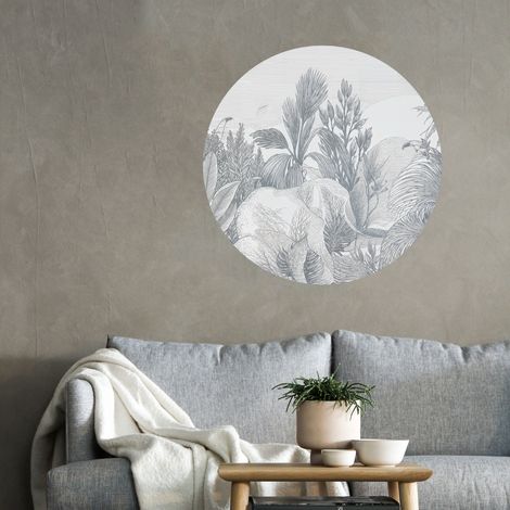 Sticker décoratif, rond jungle gravure, feuillage tropicaux, gris-vert monochrome, 68 cm X 48 cm (1/5)