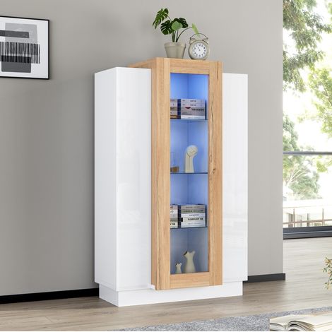 MEUBLIV Vitrine 74 x 40 x 120 cm Weiß/Holzdekor, 3 Türen, LED, Glasböden (1/5)