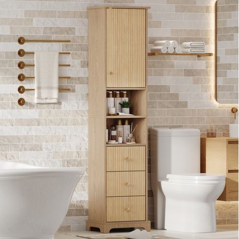 Mobile bagno alto 40 x 30 x 172 cm in MDF naturale, 3 cassetti, 1 porta e 2 vani DESVIAE (1/5)
