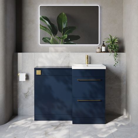 Napoli 390 Cento Deep Blue 1100mm 2 Drawer Vanity Unit Toilet Suite with Glide Basin - 1100mm - Brushed Brass 320mm HandleWithout Kingston Toilet Pan