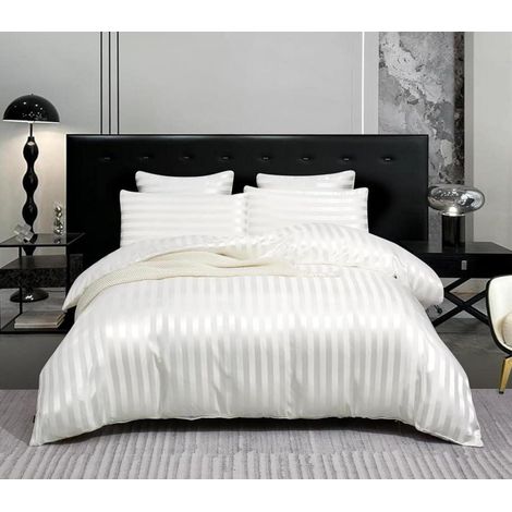 Bettwäsche-Set 3-teilig Satin 200x200cm Weiß Beige gestreift mit Reißverschluss
