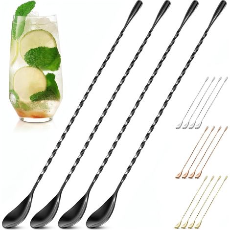Un ensemble de 4 cuillères à cocktail : une cuillère à cocktail/cuillère à mélanger de 30 cm en acier inoxydable poli, noire.