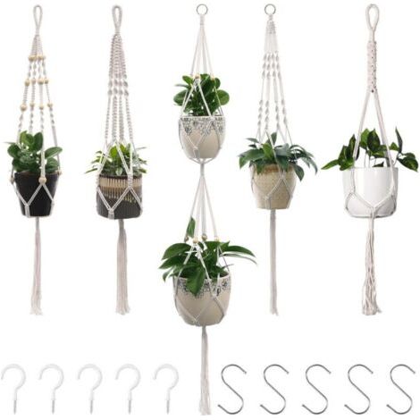 Porte plantes et étagère à plantes, Suspension Plante de Macramé, Pot Suspendu pour Fleur, Suspendus Corde en Coton Pot, Lot de 5 (1/5)