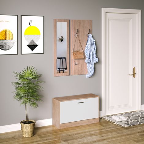 Conjunto de muebles de recibidor de 3 piezas con banco para zapatos, perchero de pared y espejo, armario de madera para dormitorio y recibidor, 80x27x46,5 cm, color madera y blanco.