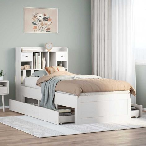 vidaXL Cama con estantería sin colchón madera maciza blanco 90x200 cm (1/5)