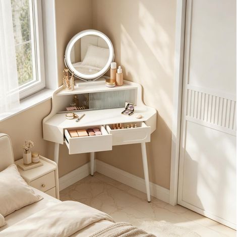 Coiffeuse d'angle avec miroir rond dimmable, 2 tiroirs, blanche HAVRYA (1/4)