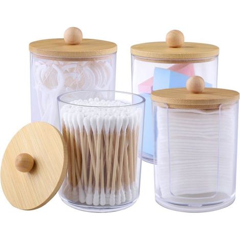 Boîte de rangement pour cotons-tiges Lot de 4 Acrylique et bambou Forme en U et ronde Pour salle de bain (1/5)
