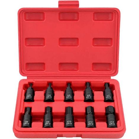 Coffret de 10 douilles Torx/hexagonales 3/8" H3-14/T20-60 avec étui rouge, kit d'outils professionnel pour l'entretien automobile. (1/5)