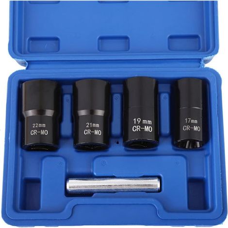 1/2” Drive Impact Bolt Nut Extractor Set, 5pcs Locking Wheel Lug Nut Remover Kit 17mm 19mm 21mm 22mm Twist Socket Tool Set Including a Punch Rod (1/5)