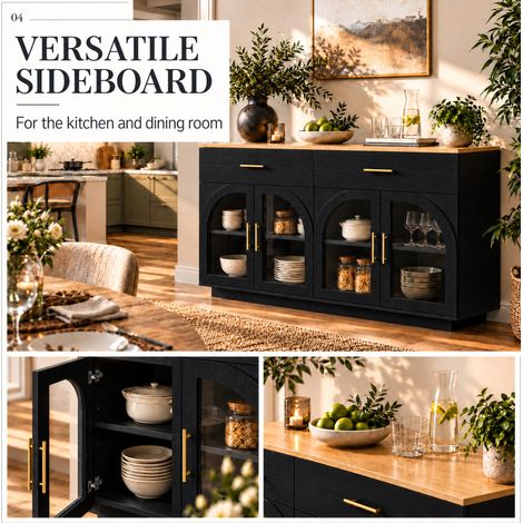 Madia da cucina 147x40x86 cm in MDF e truciolare nero/naturale con LED - MEUBLIV (1/5)