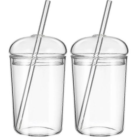 Lot de 2 gobelets en verre transparent avec paille, style opalin, mignons. (1/4)