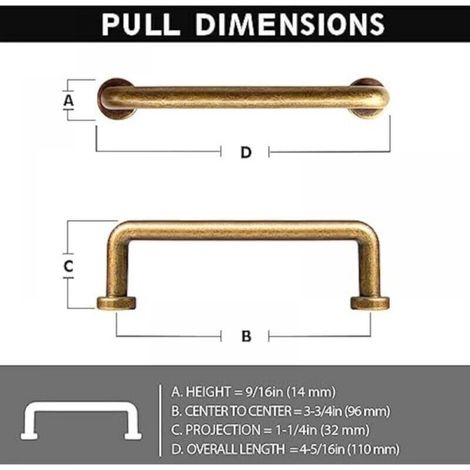 Lot de 6 poignées de meuble en laiton antique – Entraxe 96mm – Longueur 110mm – Diamètre 14mm – Hauteur 32mm – Installation facile (1/5)