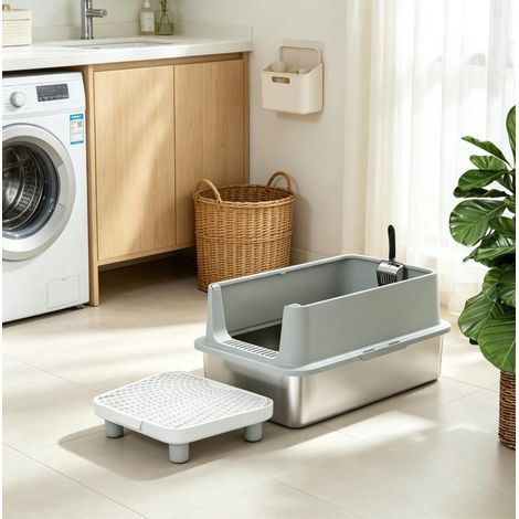 Lettiera XL 60,2x40,2x29,6 cm in acciaio inox grigio facile da montare per gatti FloraGrace (1/5)