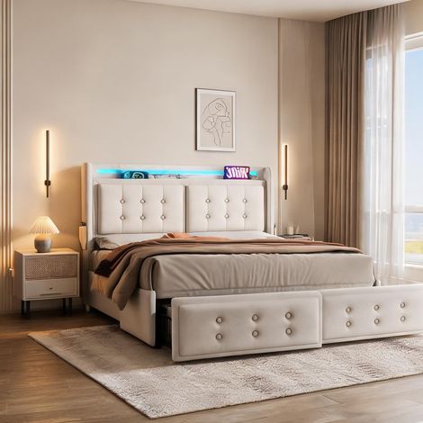 Tête de lit beige en coton lin 220 x 148 x 106 cm (1/5)