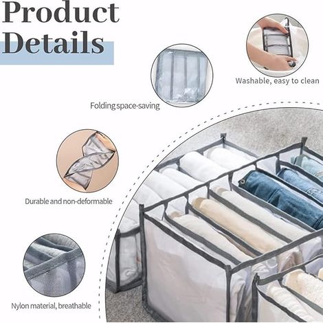 Set di 6 organizer per armadio, per jeans, per cassetti, con divisorio in rete, lavabile e pieghevole, colore grigio. (1/4)