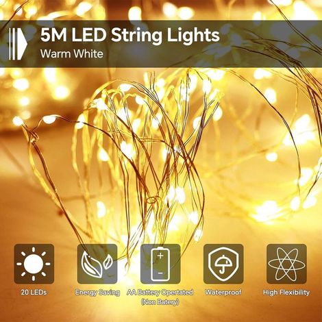 5 Meter lange Lichterkette mit 50 LEDs, batteriebetrieben, 2 Leuchtmodi, warmweiß, wasserdicht, für Weihnachtsdekoration, Flaschen, Hochzeiten, Gärten, Partys, 2er-Pack (1/5)