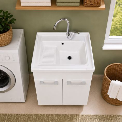 Mobile lavatoio 60x50 bianco con vasca in ceramica e kit di scarico (1/5)