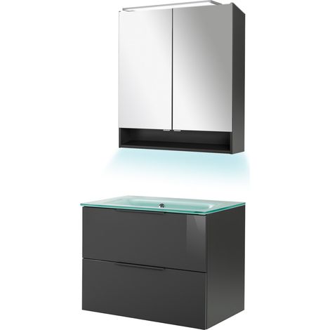 Fackelmann LUNA Badmöbel Set 4-teilig, 80 cm breit, Anthrazit, Glas Mint+Spiegelschrank+Beleuchtung"-"90248145 (1/5)