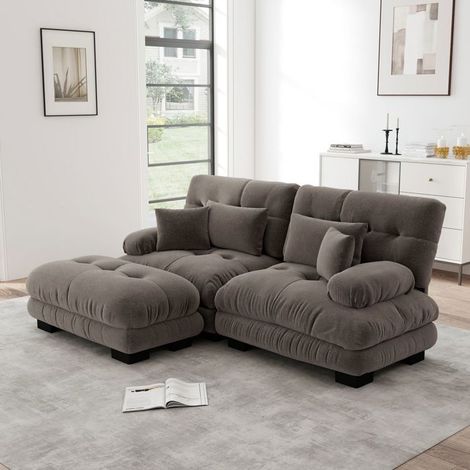 Canapé d'Angle tissu chenille 2 coussins lombaires 2 coussins décoratifs larges accoudoirs ottoman brun (1/5)