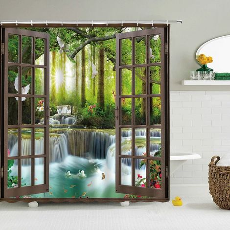 Rideau de douche imprimé en 3D, motif forêt, 180 x 200 cm, imperméable et lavable, avec crochets. Dimensions : L 180 x H 240 cm.