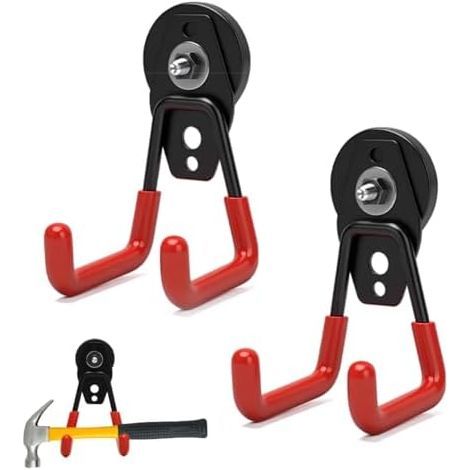 Set mit 2 extra starken 66-mm-Magnethaken – rutschfeste Beschichtung, robuste Magnete, großer, stabiler Doppelmagnet-Garagenhaken zum Aufhängen, orange (1/5)