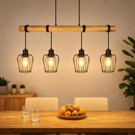 Suspension luminaire, rétro et vintage, à 4 lampes en bois, pour salle (1/5)