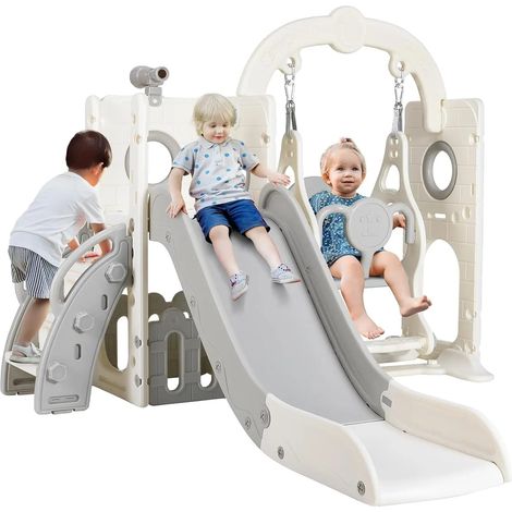 Tobogán infantil con columpio, 5 en 1, estructura para trepar, blanco y gris. (1/2)