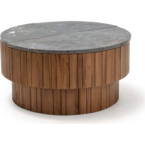 Table basse extérieure 90 x 90 x 45 cm Bois de Teck, Pierre - Brun, Gris