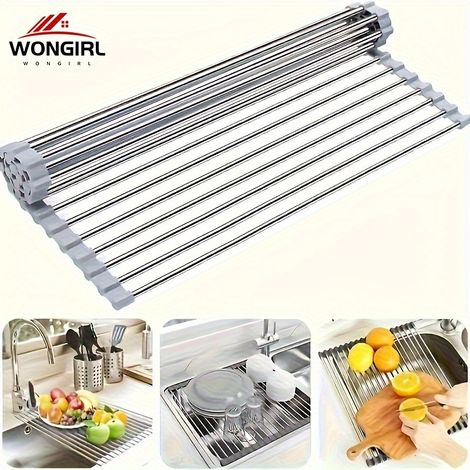 Égouttoir à vaisselle pliable en acier inoxydable, égouttoir gain de place à poser sur l'évier, organisateur d'évier portable et antirouille gris (1/5)