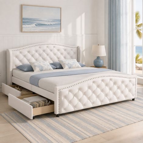 CHICFURN Cama doble capitoné 140x200 cm en PU blanco con somier, 2 cajones y cabecero (1/5)