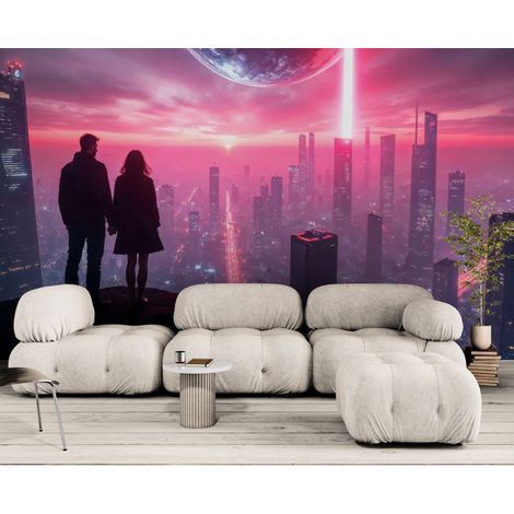 Papier peint Science-fiction – Ville futuriste néon et laser rouge - 150 x 250 cm (1/2)