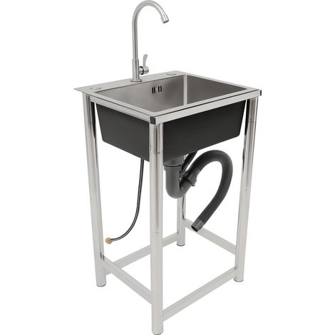 Fregadero independiente de acero inoxidable, fregadero de acero inoxidable, 1 lavabo, fregadero de cocina con grifo y dispositivo de drenaje para restaurante, lavandería, garaje, exterior (1/5)