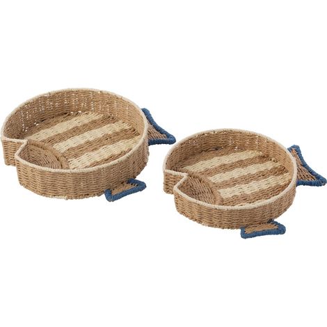 Lot de 2 Plateaux Déco "Poissons" 43cm Naturel & Bleu