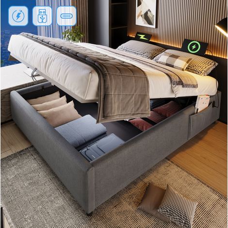 Lit coffre 160x200 cm gris en tissu, USB-C, rangement pour petits espaces – sans matelas – MEUBLIV (1/5)