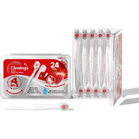 cleaings Mini Brosse a Dent Voyage 24 Pièces, 4-en-1 Brosse a Dent Jetable avec Dentifrice, Sans Eau (1/5)