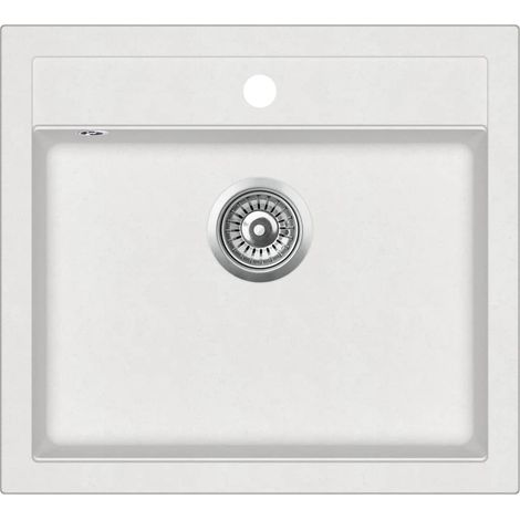 Evier de cuisine egouttoir seul lavabo encastré réversible avec trou de montage pour robinet et distributeur de savon intérieur maison 56,5 x 51 cm granit blanc (1/4)