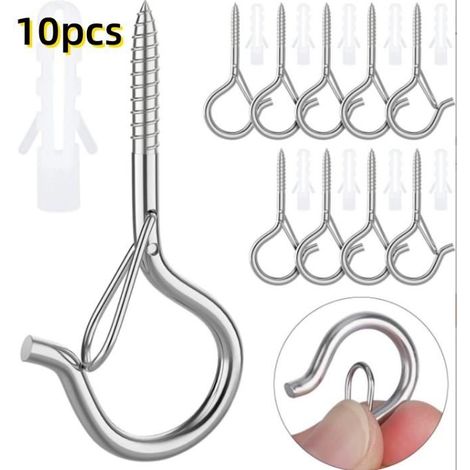 Lot de 10 crochets à visser argentés - Support pour tente, hamac, chaise d'extérieur - Fixation murale/plafond (1/5)