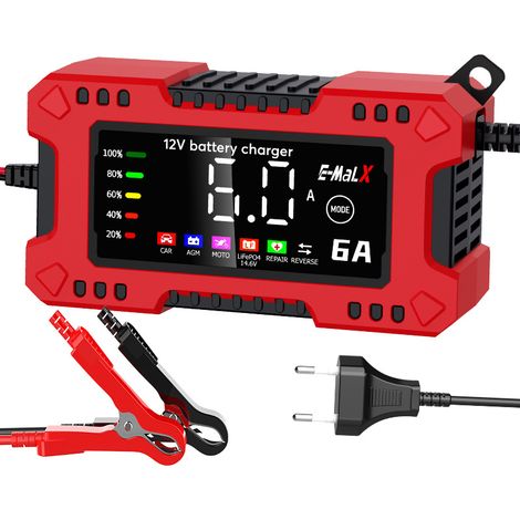 Cargador de pulso inteligente de 12 V y 6 A para baterías de fosfato de hierro y litio para motocicletas y automóviles.